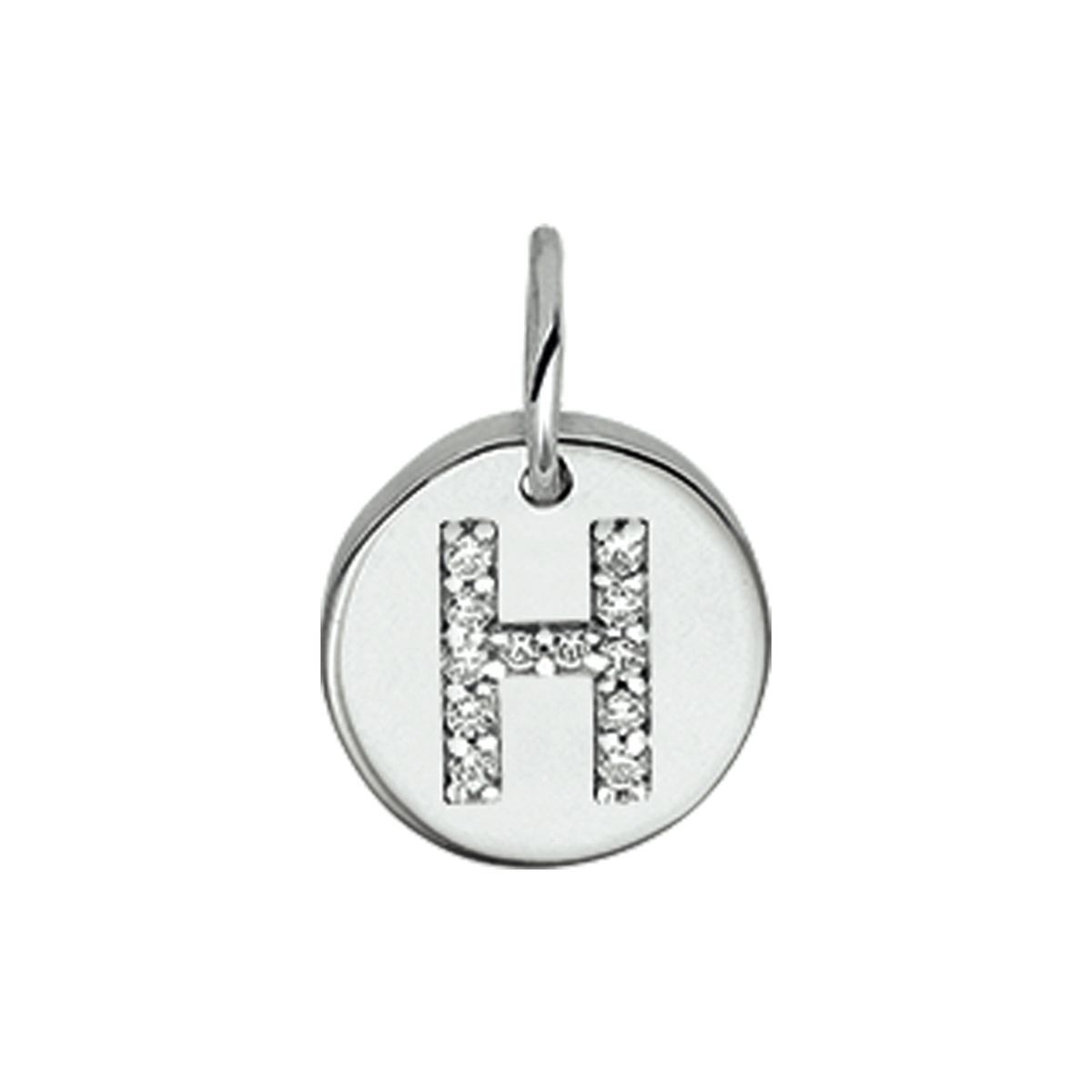 Beschrijving: Gerhodineerd zilveren bedel met de letter H en zirkonia. 
Uniekenummer serie: 35761
Verpakt per: 1
Doelgroep: unisex
Breedte: 9.5 mm
Zetting: entourage (rijzetting)