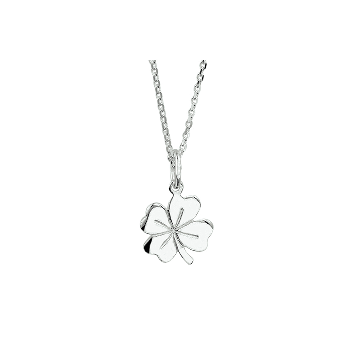 Mooi zilveren collier met een klavertje vier. Schakeltype van het collier is een anker. Het collier kan in lengte versteld worden van 41cm tm 45 cm lang.
