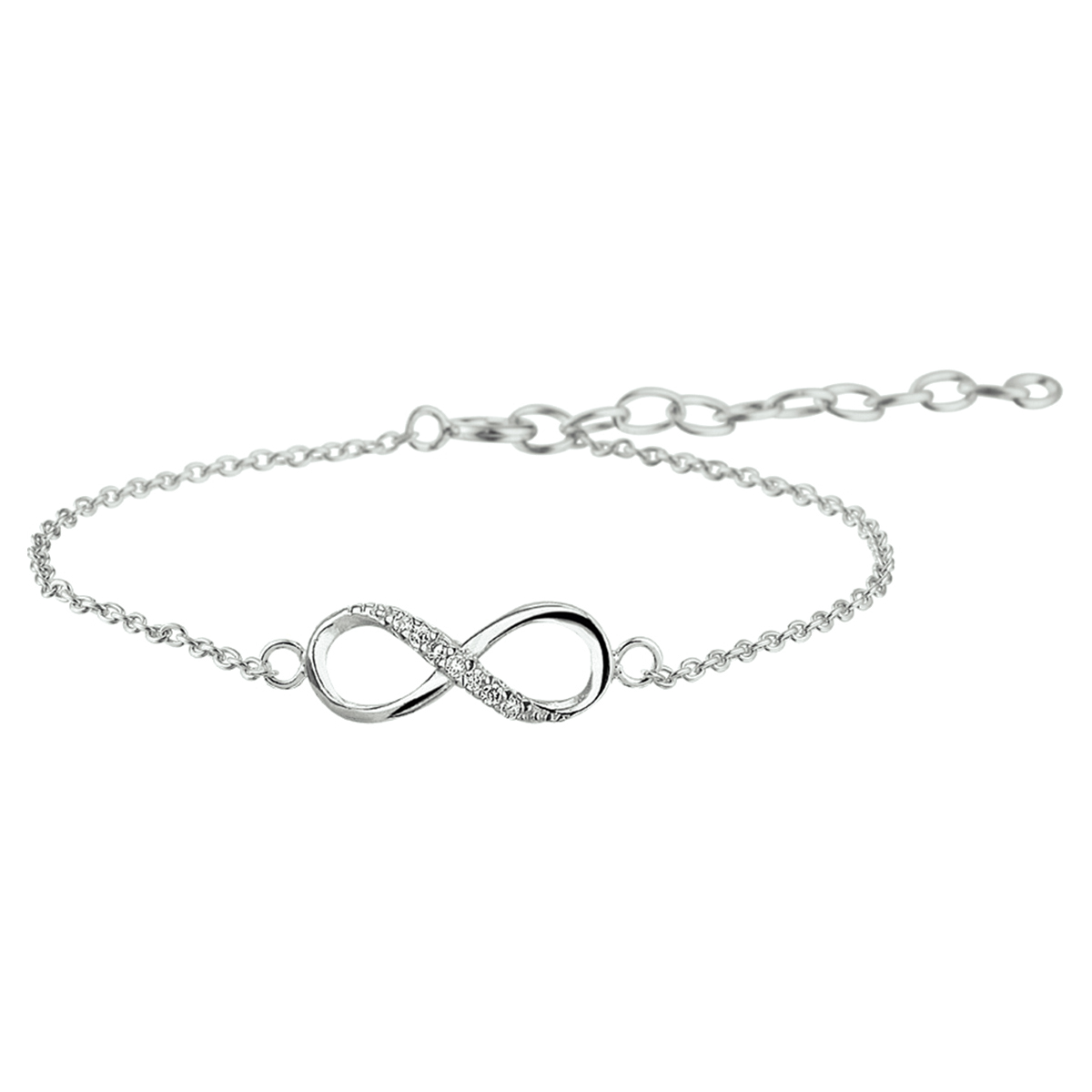 Infinity is het symbool van nu. Dit fijne armbandje van gerhodineerd zilver kan daarom echt niet ontbreken in jouw sieraden-stash! Maak het setje compleet met een bijpassend collier en ring! Details: Gerhodineerd zilveren armband met infinity teken en zirkonia. De lengte van de armband bedraagt 13cm met 3cm extensie. De schakelbreedte bedraagt 1.2mm.   
Uniekenummer serie: 35777
Verpakt per: 1
Doelgroep: dames
Breedte: 6 mm
Kortste lengte: 13 mm
Langste lengte: 16 mm
Hoogte: 15 mm