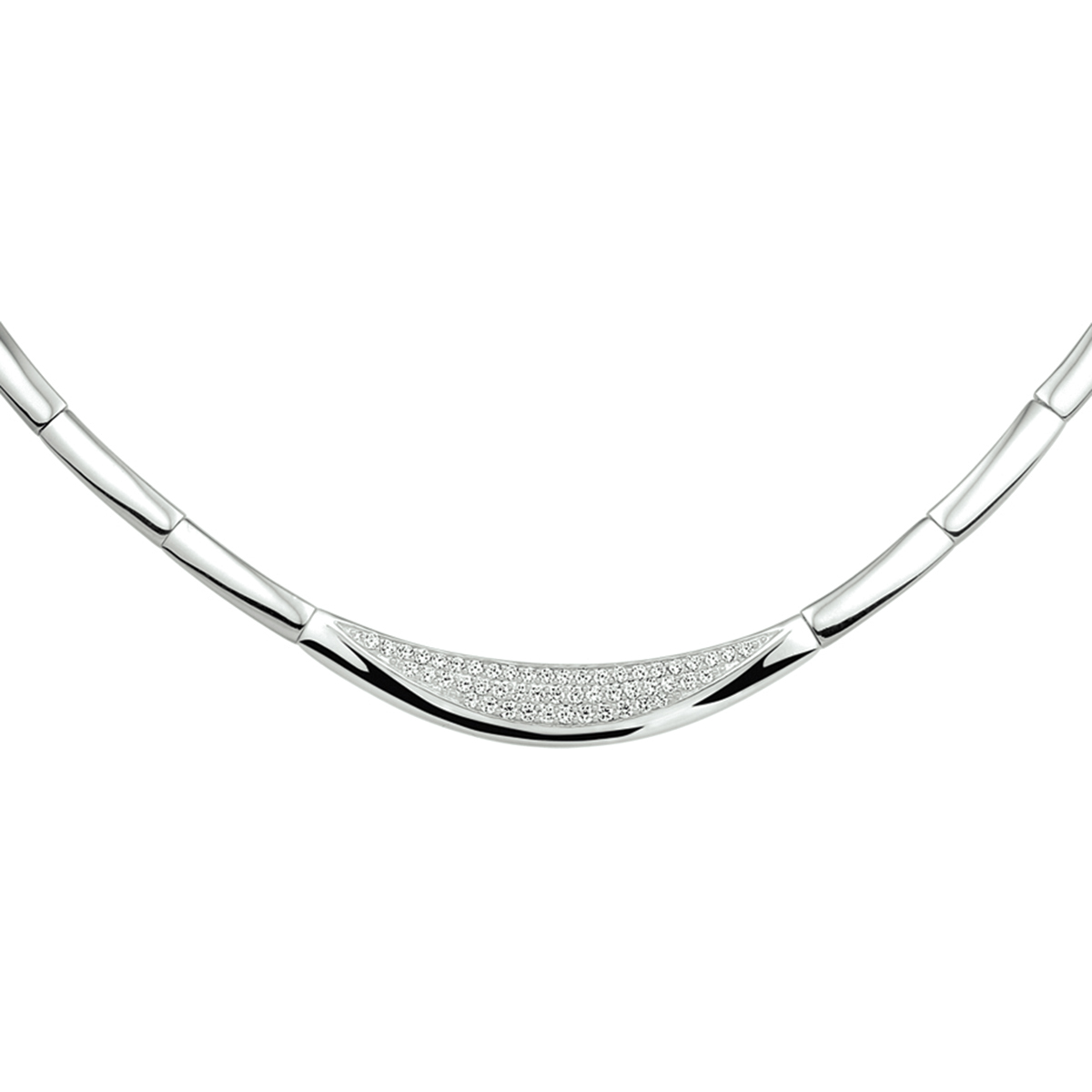 Beschrijving: Gerhodineerd zilveren collier met zirkonia. De lengte van het collier bedraagt 42cm met 3cm extensie. 
Doelgroep: dames
Breedte: 7.5 mm
Kortste lengte: 42 cm
Langste lengte: 45 cm
Zetting: pave