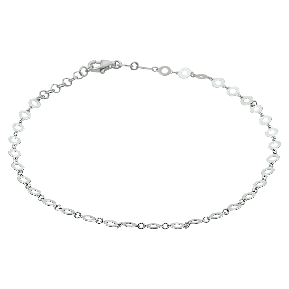 Beschrijving: Dit trendy gerhodineerd zilveren enkelbandje heeft een draaglengte van 24cm met een extensie van 2cm. Het enkelbandje is uitgevoerd met open rondjes van 4mm. Info: Gerhodineerd zilver is door de rhodiumlaag beter bestand tegen verkleuren en krassen.
Doelgroep: dames
Breedte: 4 mm
Kortste lengte: 24 mm
Langste lengte: 26 mm