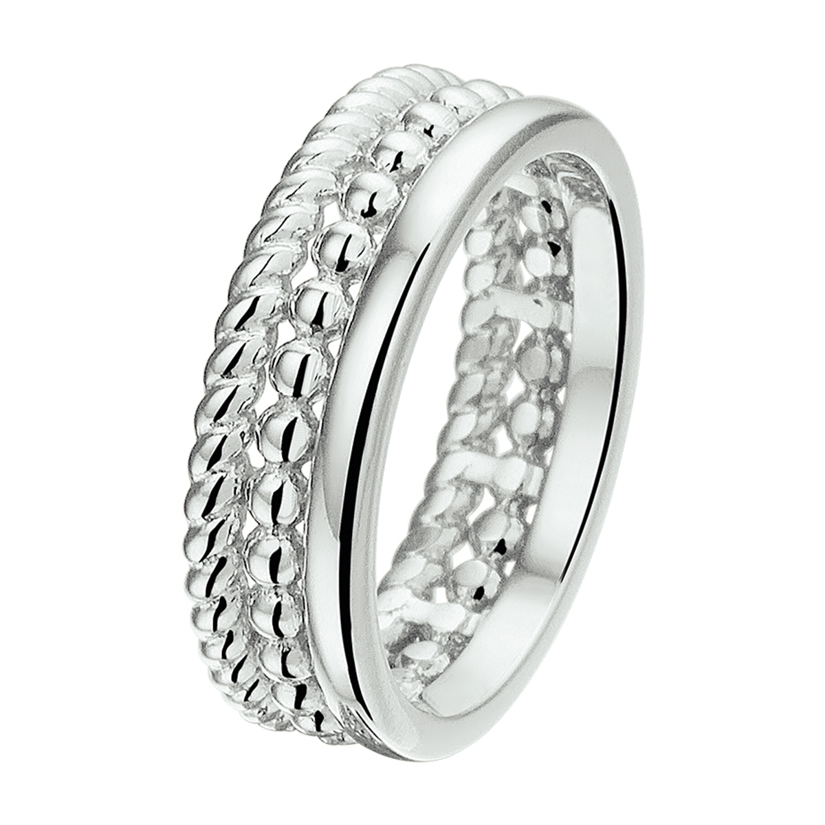 Trendy gerhodineerd zilveren ring van 6mm breed uitgevoerd met 3 verschillende soorten schenen hierdoor lijkt het alsof er 3 ringen om zitten. Ben je helemaal van het hier en nu hou je van sieraden van deze tijd?. Dan mag deze ring niet missen in jou sieraden stash!.
