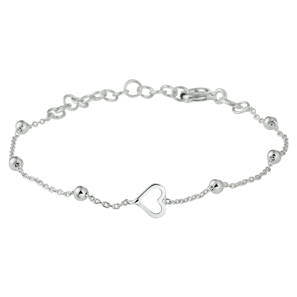 Beschrijving: Schattig fijn gerhodineerd zilveren armband met in het midden een open hart met een afmeting van 5.5x5.5mm en poli afgewerkte bolletjes van 2.5mm. De armband heeft een draaglengte van 13cm en een extensie van 3cm.