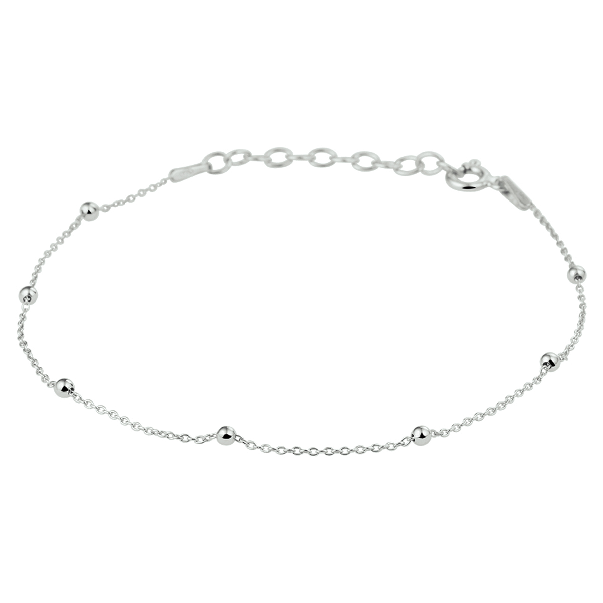 Gerhodineerd zilveren armband uitgevoerd met bolletjes van 2mm. De armband heeft een schakelbreedte van 0.9mm en een draaglengte van 16cm met een extensie van 3cm.