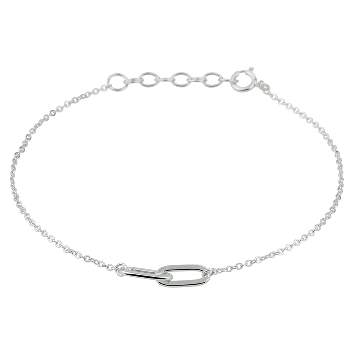 Gerhodineerd 925 zilveren armband uitgevoerd met twee schakels. De armband heeft een draaglengte van 16.5cm met een extensie van 2cm. De schakels hebben een breedte van 4mm.