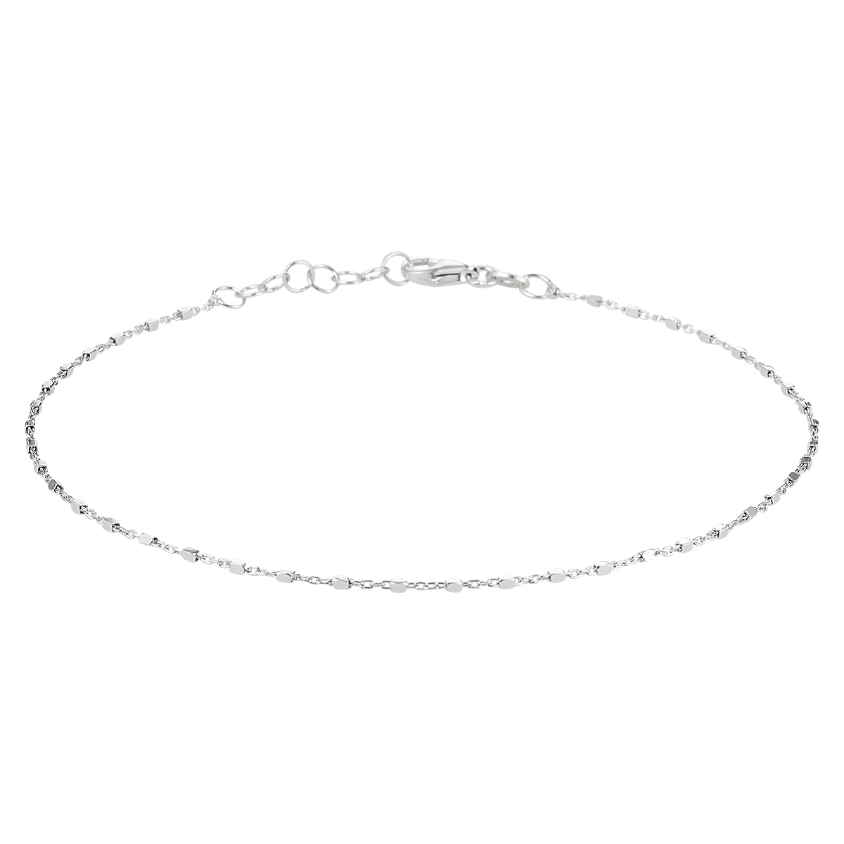 Gerhodineerd zilveren 1.1mm blokjes enkelbandje met een lengte van 24cm met een extensie van 2cm uitgevoerd een stevige karabijn sluiting.