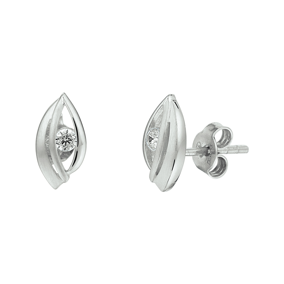 Gerhodineerd 925 zilveren oorknoppen uitgevoerd met een heldere zirkonia en een poli/matte afwerking. De oorknoppen hebben een afmeting van 11x5.5mm.
