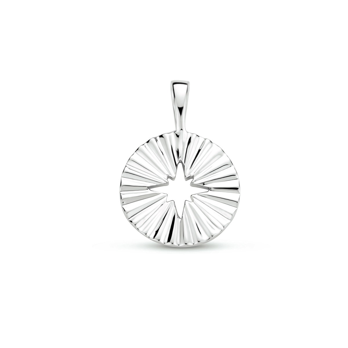 Gerhodineerd 925 zilveren ronde hanger. De hanger heeft een totale hoogte van 1.7cm en een diameter van 12.5mm.