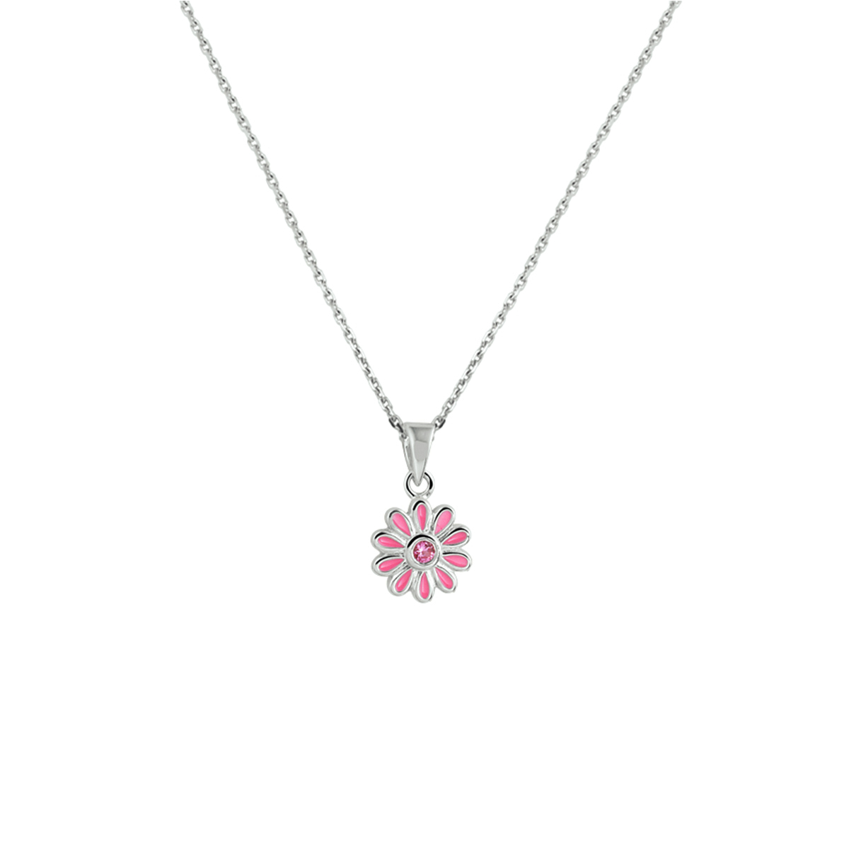 Gerhodineerd 925 zilveren collier uitgevoerd met een bloem hanger en een schitterende roze zirkonia. Het collier heeft een draaglengte van 36cm met een extensie van 4 cm en is uitgevoerd met een karabijn sluiting. De schakelbreedte is 1.1mm.