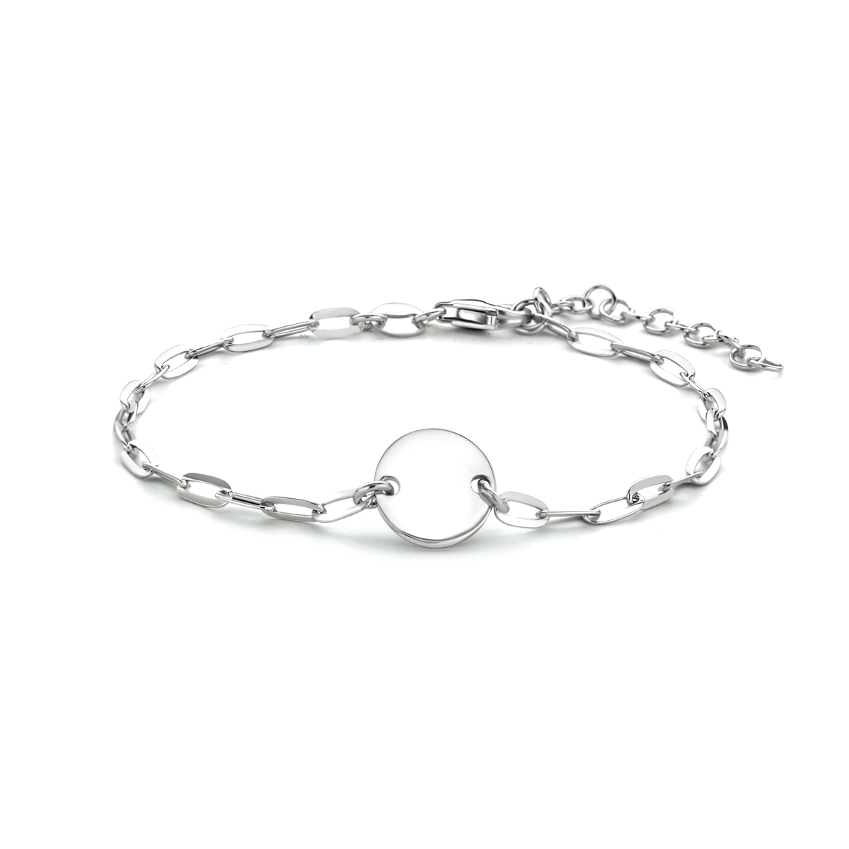 Gerhodineerd 925 zilveren anker armband uitgevoerd met een rondje. De armband heeft een draaglengte van 16cm met een extensie van 3cm en een stevige karabijn sluiting. Het rondje heeft een diameter van 10mm.