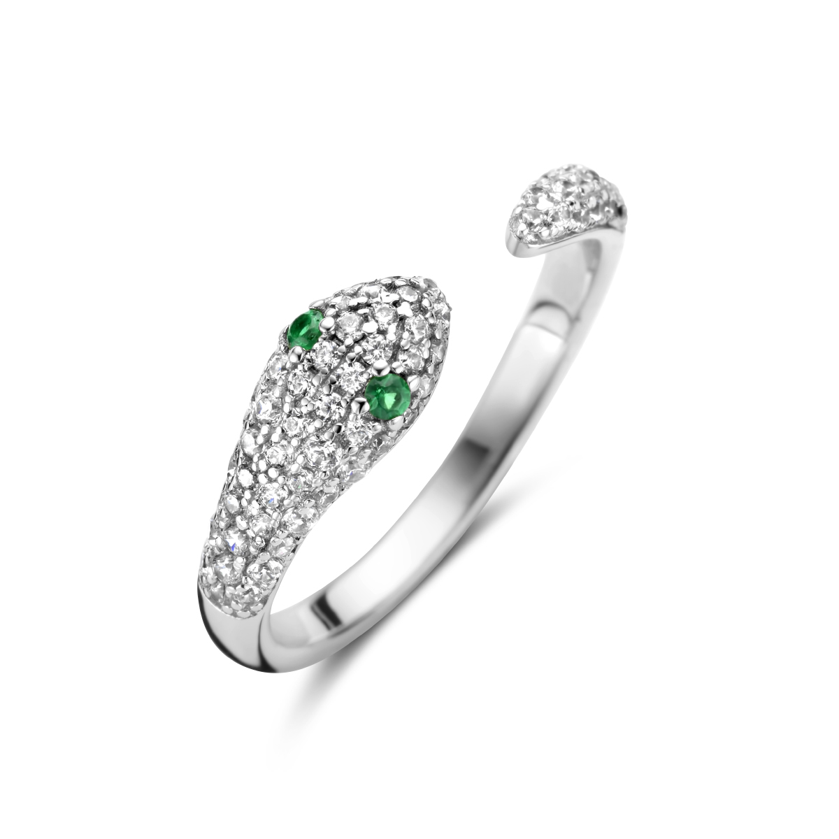 Gerhodineerd 925 zilveren ring met een slang voorstelling. De ring is uitgevoerd met wit en groen zirkonia. De breedte is 5mm.