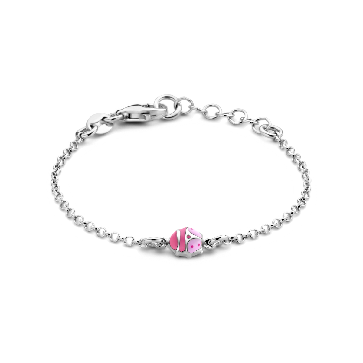 Gerhodineerd 925 zilveren armband uitgevoerd met een lieveheersbeestje en een karabijn sluiting. De armband heeft een draaglengte van 11cm en een extensie van 2cm. De schakelbreedte is 1.7mm.