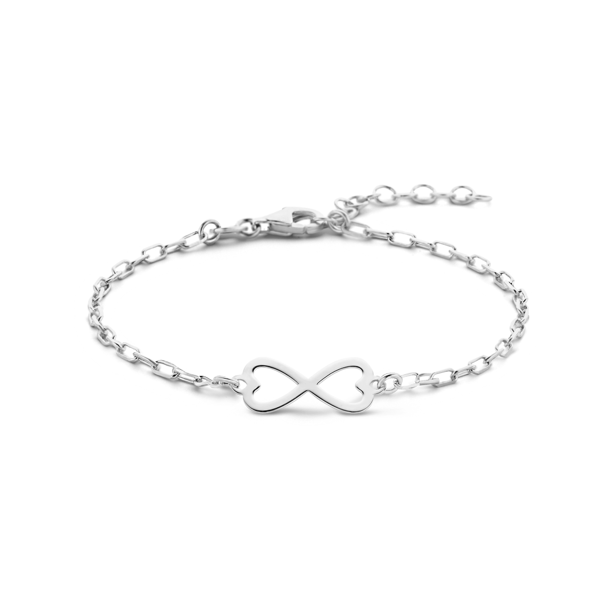 Gerhodineerd 925 zilveren armband met een infinity voorstelling en een karabijn sluiting. De armband heeft een draaglengte van 16cm en een extensie van 3cm. De schakelbreedte is 2mm.