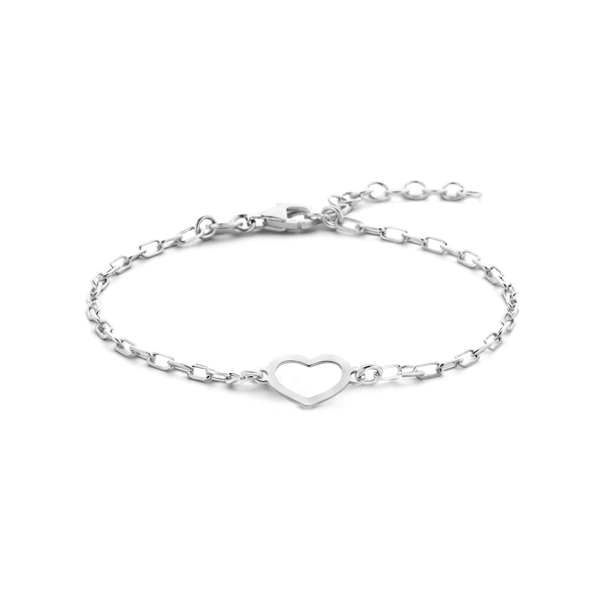 Gerhodineerd 925 zilveren armband uitgevoerd met een hartje en een karabijn sluiting. De schakelbreedte is 2mm en het hartje heeft een afmeting van 8x10mm.