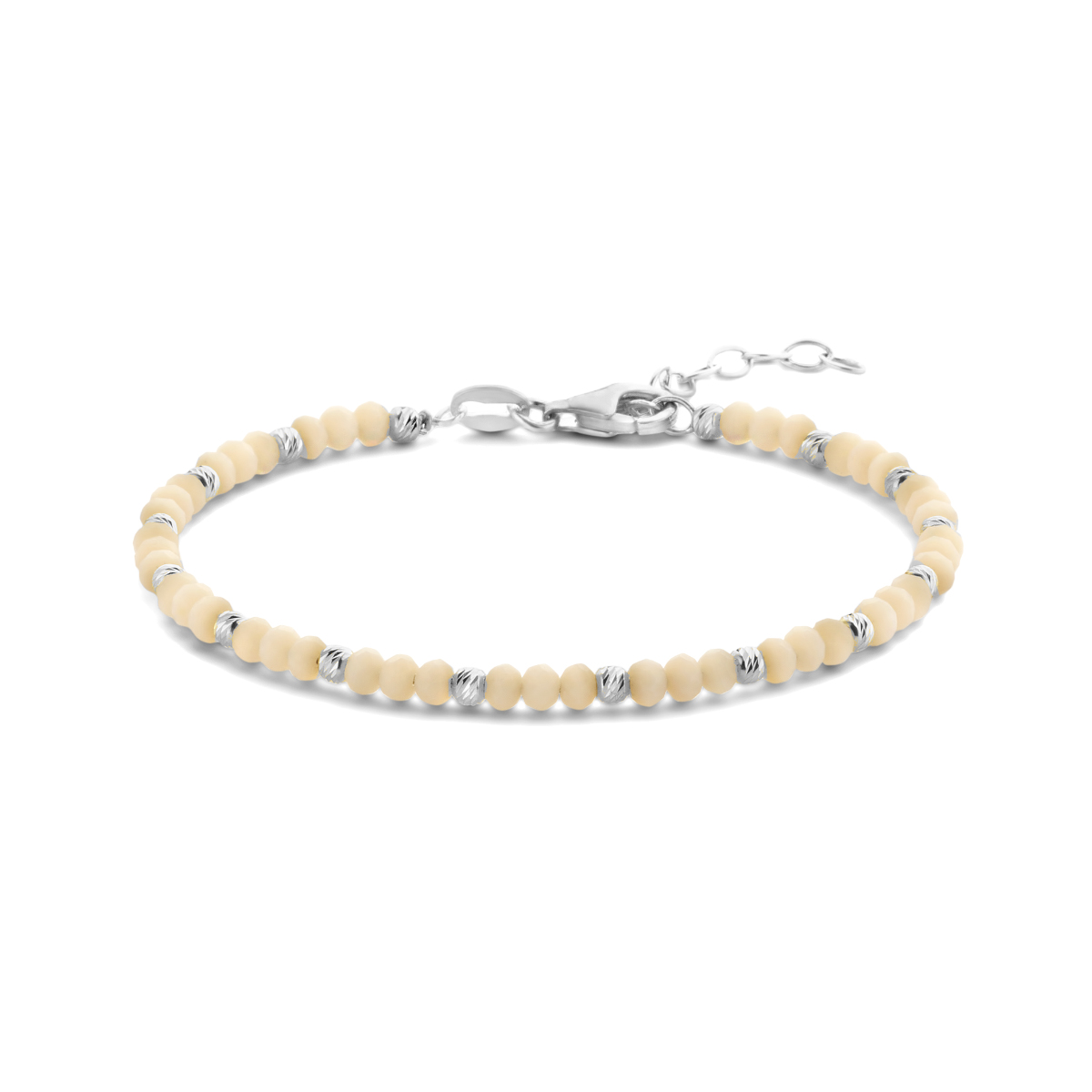 Gerhodineerd 925 zilveren armband uitgevoerd met zachtgeel glas en een karabijn sluiting. De armband heeft een draaglengte van 16cm en een extensie van 3cm.