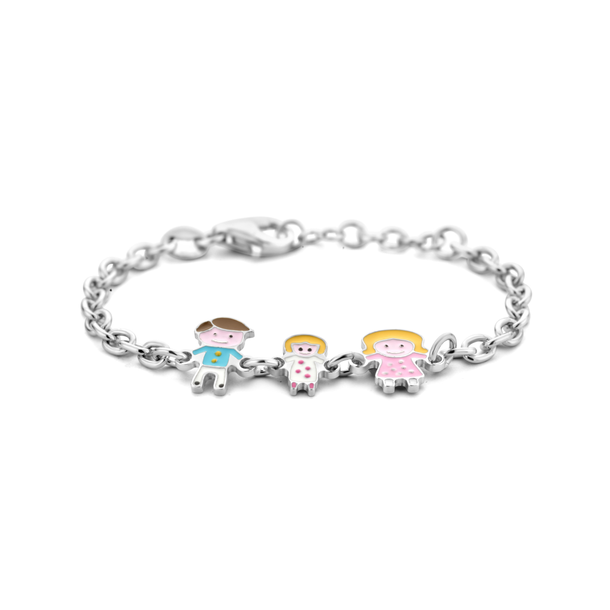 Gerhodineerd 925 zilveren armband uitgevoerd met drie hangers van een vader, een moeder en een kind. De armband heeft een schakelbreedte van 3.2mm en is uitgevoerd met karabijnsluiting.