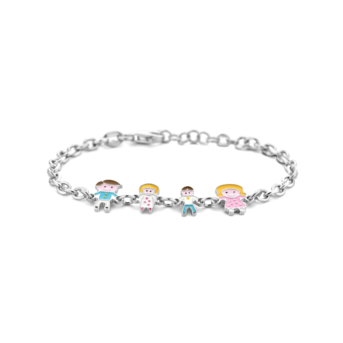Gerhodineerd 925 zilveren armband uitgevoerd met vier hangers van een vader, een moeder en twee kinderen. De armband heeft een schakelbreedte van 3.2mm en is uitgevoerd met karabijnsluiting.