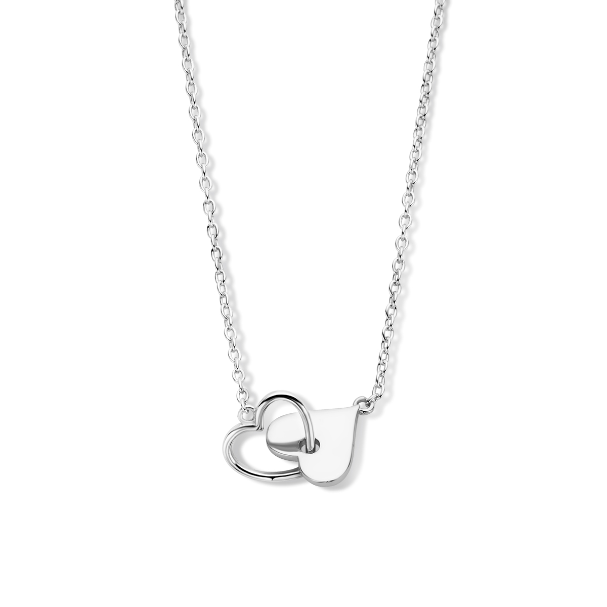 Gerhodineerd 925 zilveren collier uitgevoerd met twee hartjes en een karabijnsluiting. Het collier heeft een schakelbreedte van 1.2mm en een draaglengte van 40cm met 4cm extensie.