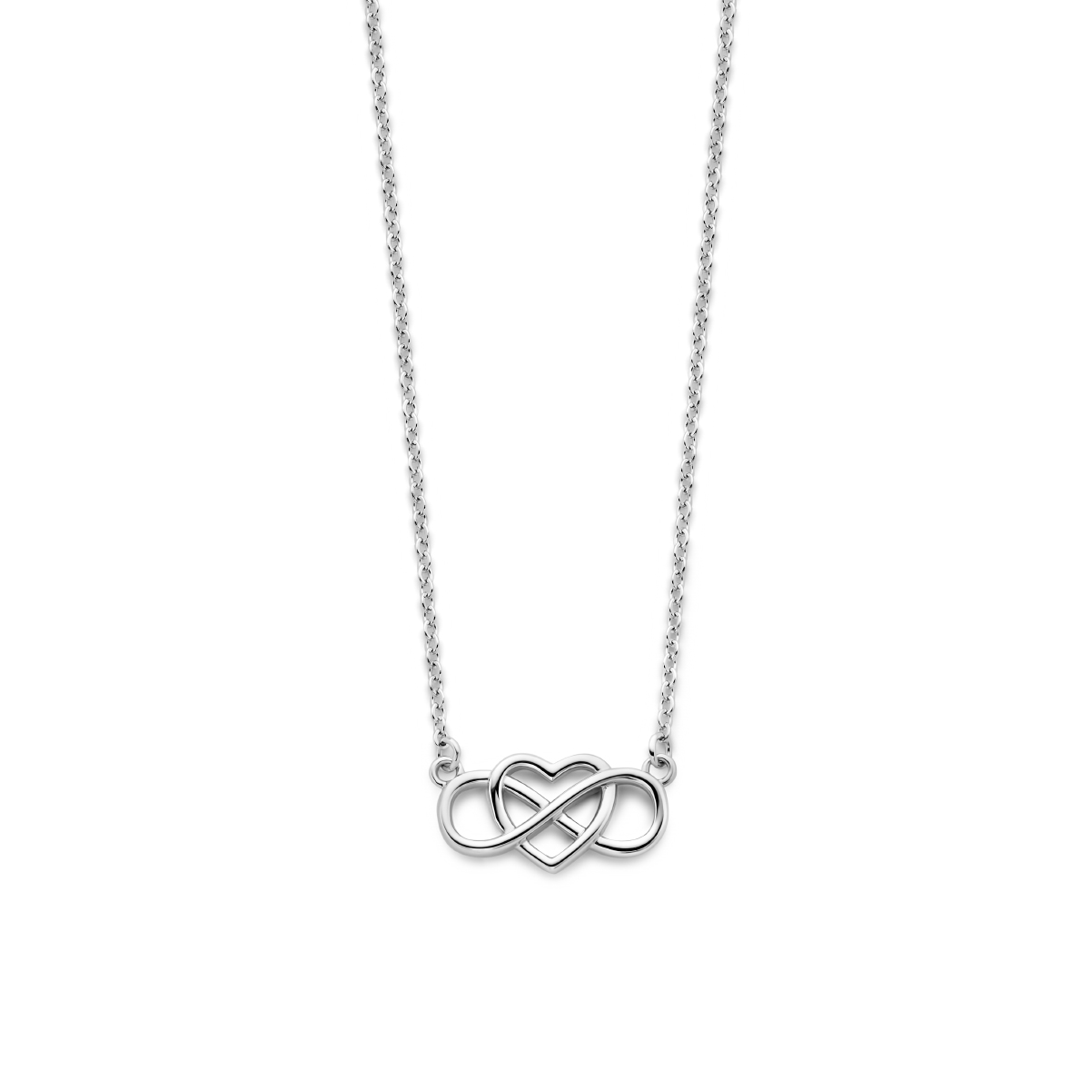 Gerhodineerd 925 zilveren collier uitgevoerd met zirkonia, hart en infinity. Het collier heeft een schakelbreedte van 1.3mm en is uitgevoerd met karabijnsluiting. De draaglengte is 42cm met een extensie van 3cm.