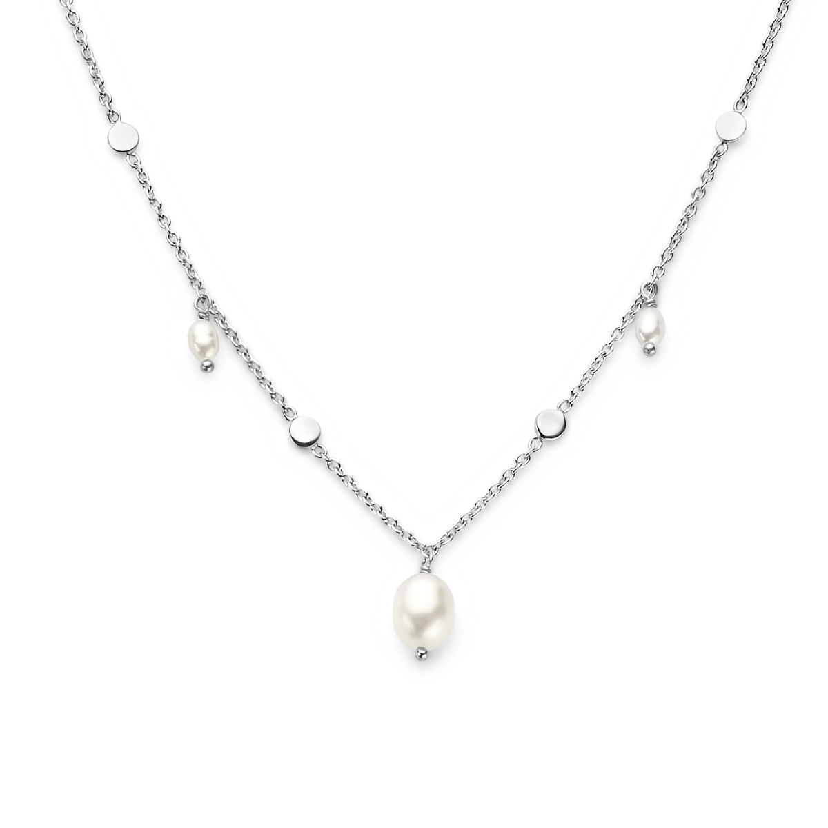 Gerhodineerd 925 zilveren collier uitgevoerd met zoetwaterparels, rondjes en een karabijn sluiting. Het collier heeft een draaglengte 42cm en een extensie van 3cm. De schakelbreedte is 1.3mm.