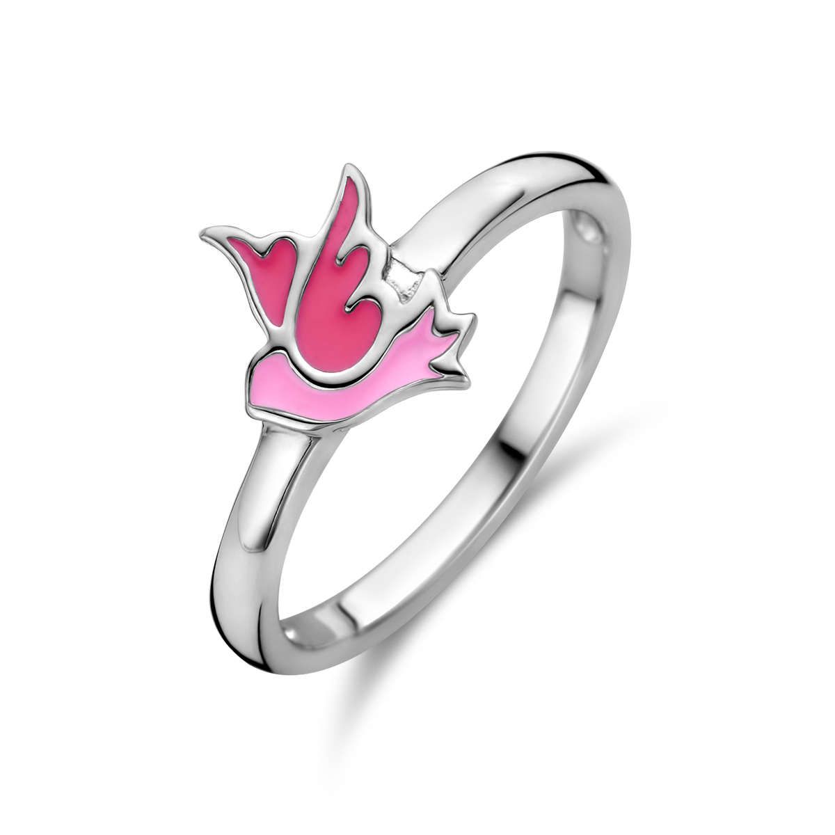 Gerhodineerd 925 zilveren ring met een licht- en donkerroze vogel. De ring heeft een breedte van 8.5mm.