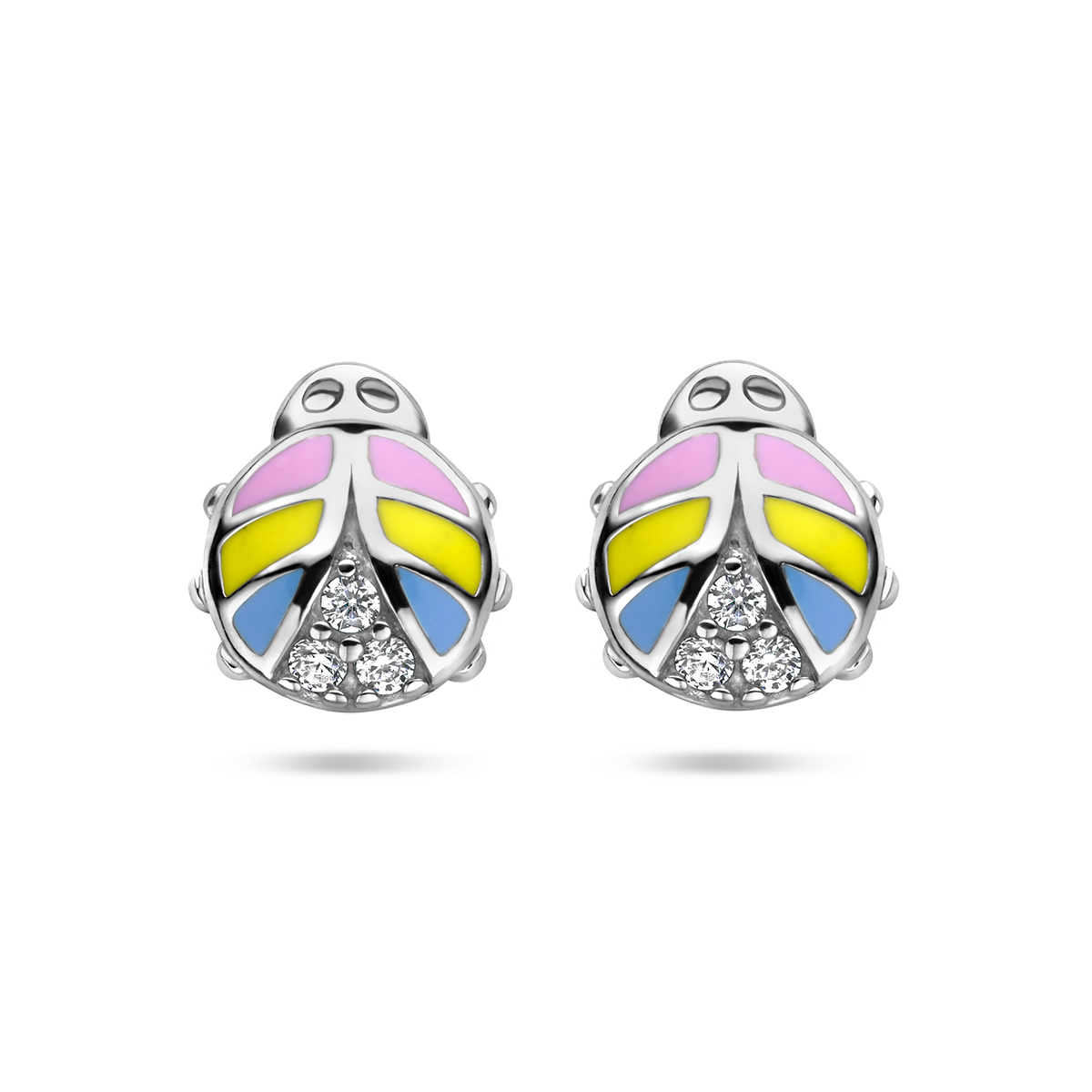 Gerhodineerd 925 zilveren oorknoppen in de vorm van een lieveheersbeestje met zirkonia. De oorknoppen hebben een afmeting van 6.5x6mm.
