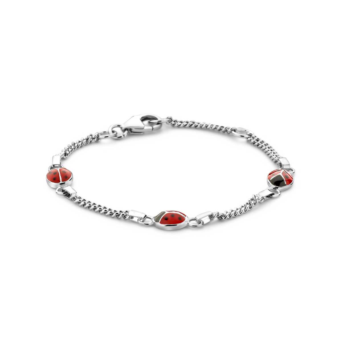 Gerhodineerd 925 zilveren armband uitgevoerd met 3 lieveheersbeestjes. De armband heeft draaglengtes van 11-13cm.
