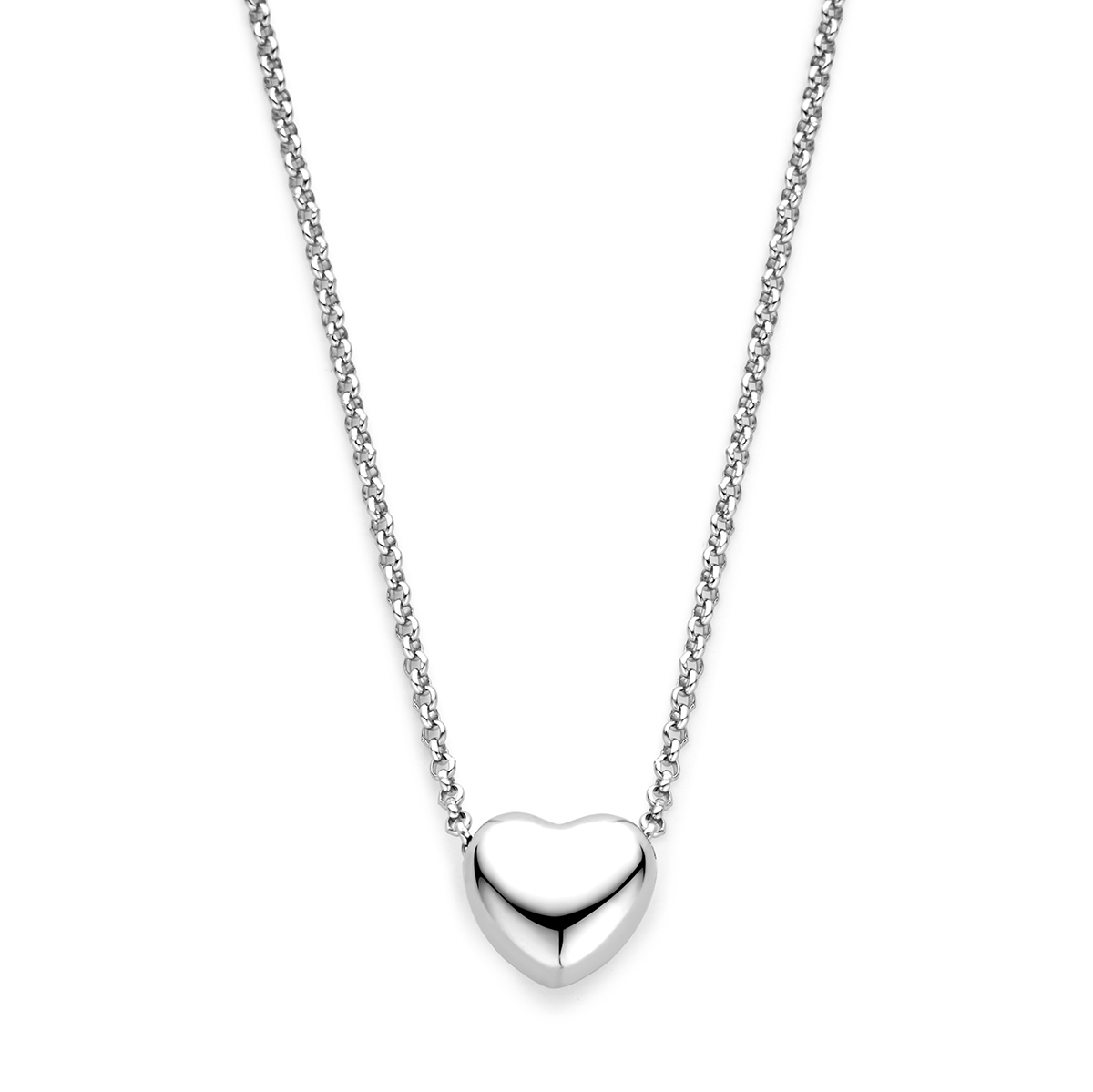 Gerhodineerd 925 zilveren collier uitgevoerd met een hart. Het collier heeft een draaglengte van 40cm en een extensie van 5 cm. De schakelbreedte is 1.5mm. Uitgevoerd met een karabijn sluiting.