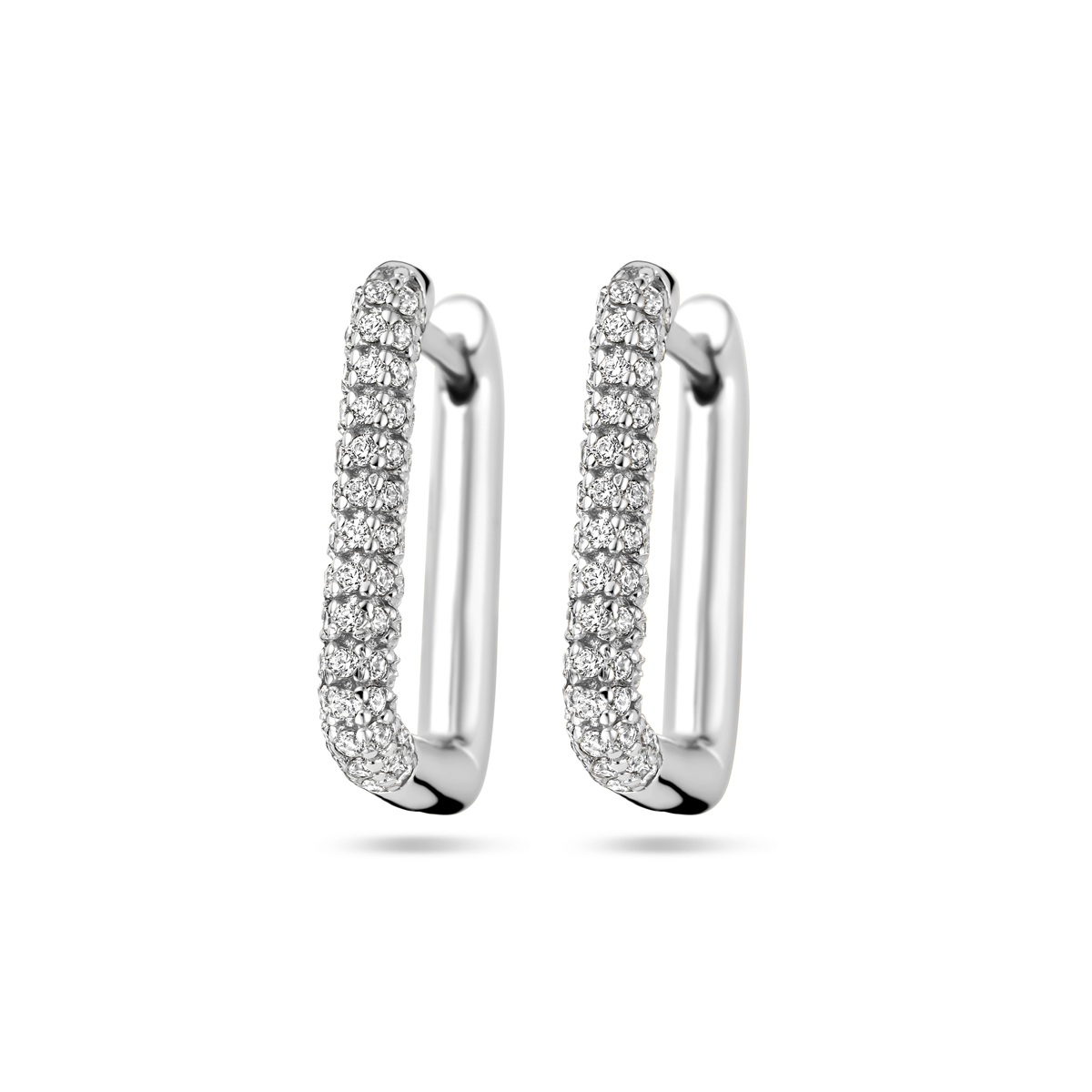 Gerhodineerd 925 zilveren klapoorringen uitgevoerd met zirkonia. De klapoorringen hebben een afmeting van 14.5x2mm.
