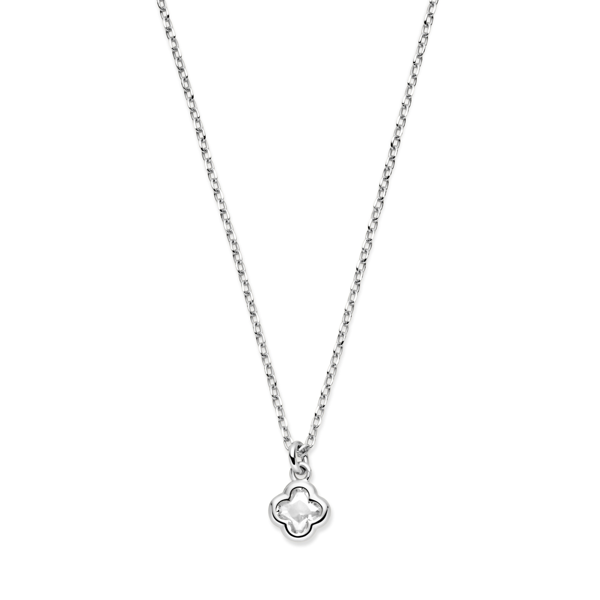 Gerhodineerd 925 zilveren collier uitgevoerd met bloem en zirkonia. Het collier heeft een draaglengte van 41cm met 4cm extensie. Uitgevoerd met karabijn sluiting. De schakelbreedte is 1.1mm.