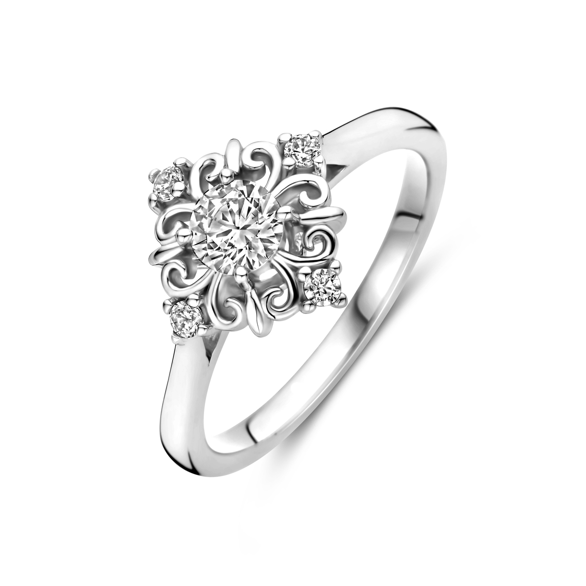 Gerhodineerd 925 zilveren ring uitgevoerd met zirkonia. De ring heeft een breedte van 12mm.