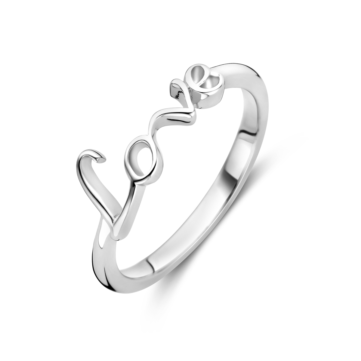 Gerhodineerd 925 zilveren ring uitgevoerd met de tekst love. De ring heeft een breedte van 6mm.