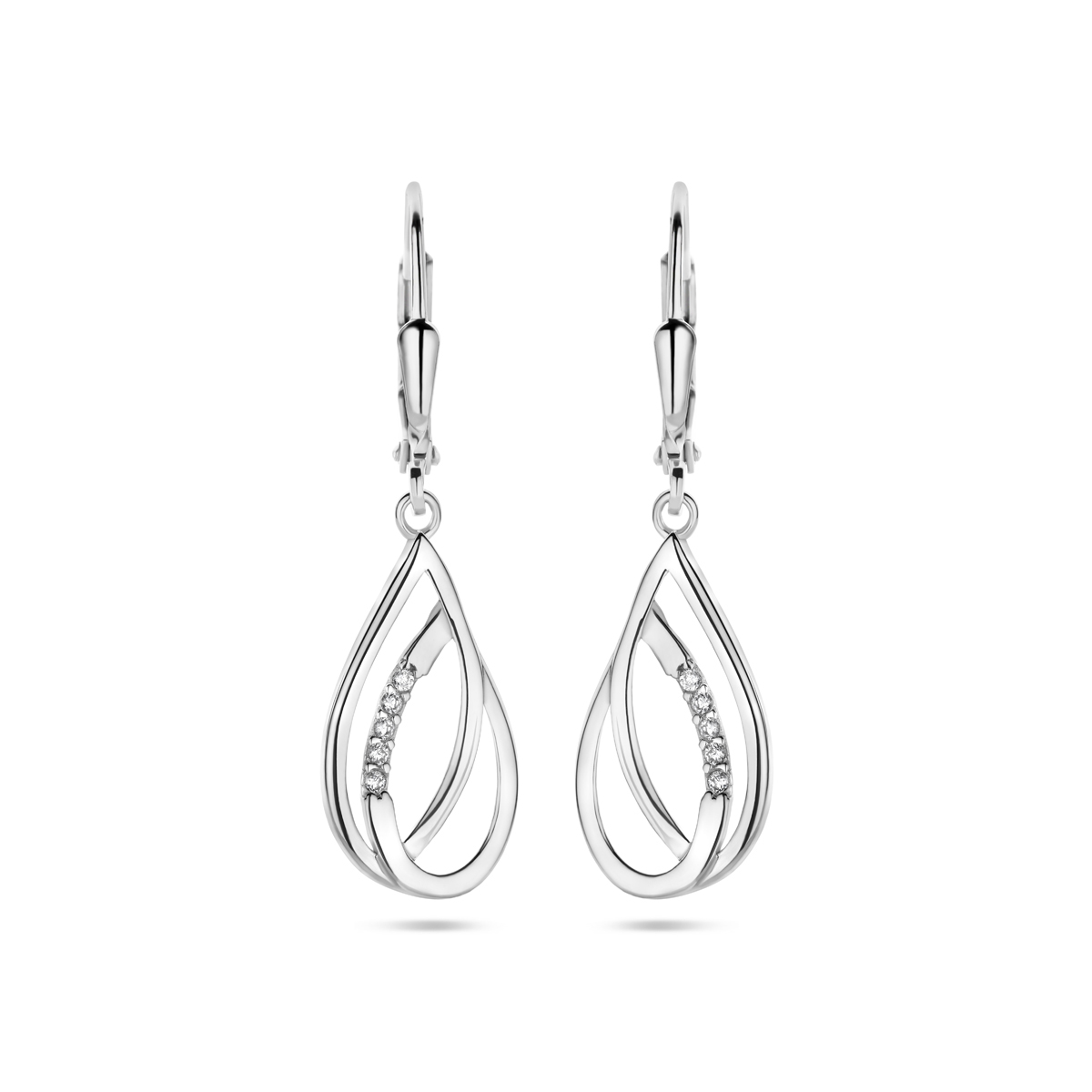 Gerhodineerd zilveren oorhangers uitgevoerd met een schitterende zirkonia rij. De oorhangers hebben een totale hoogte van 34mm.