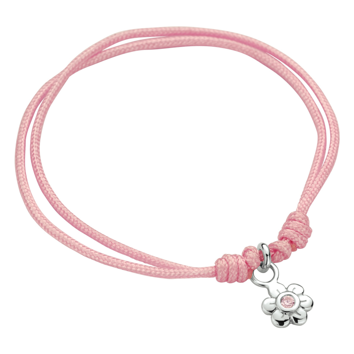 Roze gevlochten armband uitgevoerd met een hanger in de vorm van een bloem en een schitterende roze zirkonia. De armband heeft draaglengtes van 9 tot 19cm. De hanger heeft een afmeting van 10x5.5mm.
