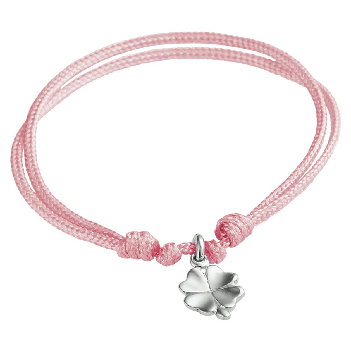 Roze gevlochten armband uitgevoerd met een hanger in de vorm van een klavertje. De armband heeft draaglengtes van 9 t/m 19cm. De hanger heeft een afmeting van 10x10mm.