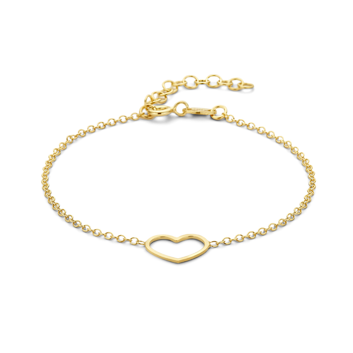 Geelgoud op 925 zilveren armband uitgevoerd met een hart. De armband heeft een draaglengte van 16cm en een extensie van 3cm. De schakelbreedte is 1.3mm. Geen garantie op plating.