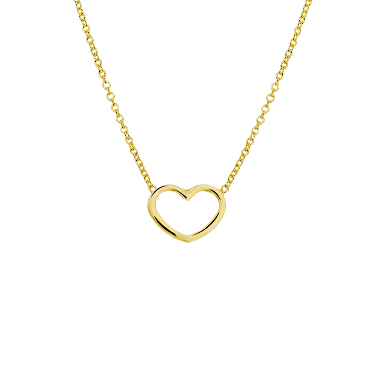 Geelgoud op 925 zilveren collier uitgevoerd met een hart. Het collier heeft een draaglengte van 41cm en een extensie van 5cm. De schakelbreedte is 1.3mm. Geen garantie op plating.