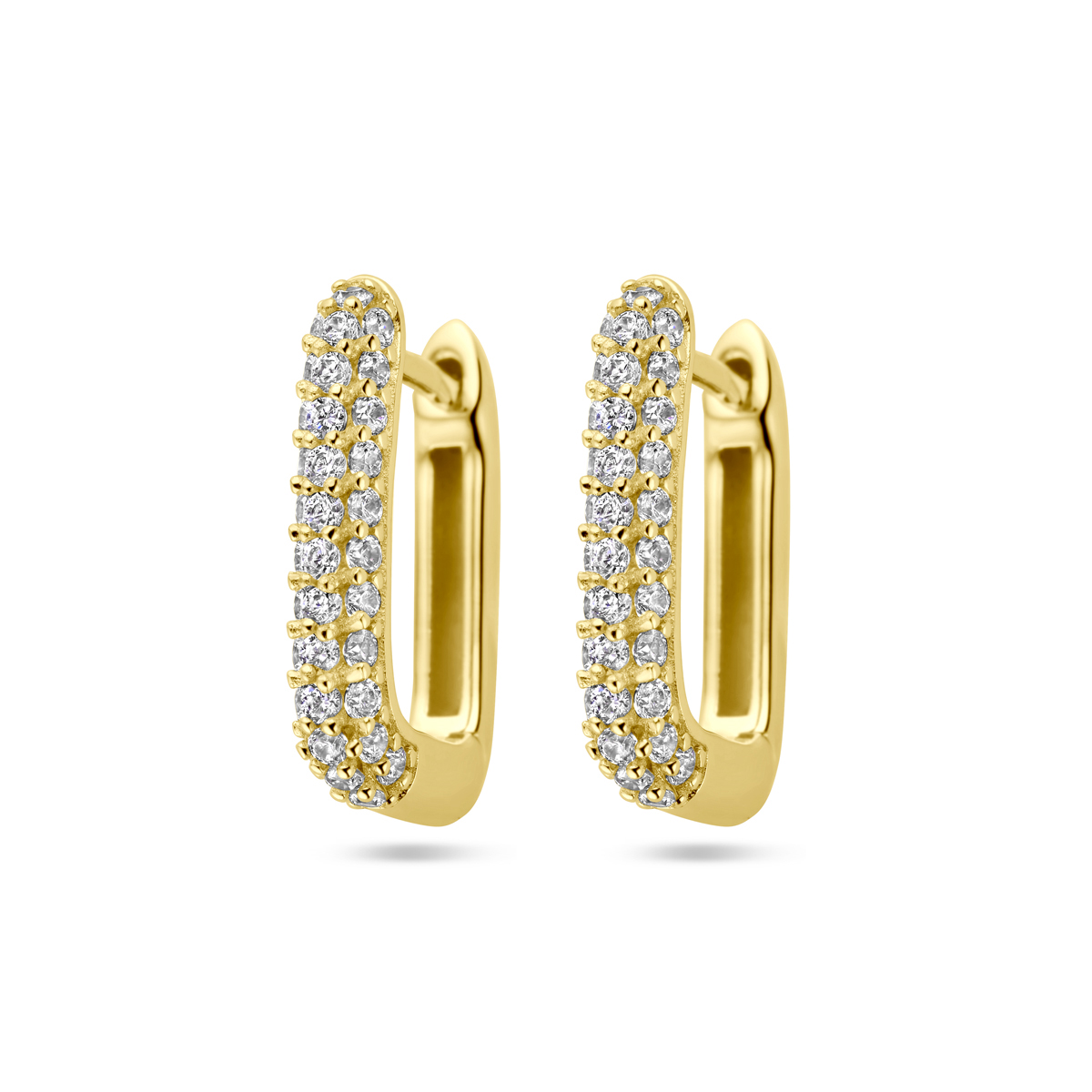 Geelgoud op 925 zilveren klapoorringen uitgevoerd met zirkonia. De klapoorringen hebben een afmeting van 14x2.5mm. Geen garantie op de plating.