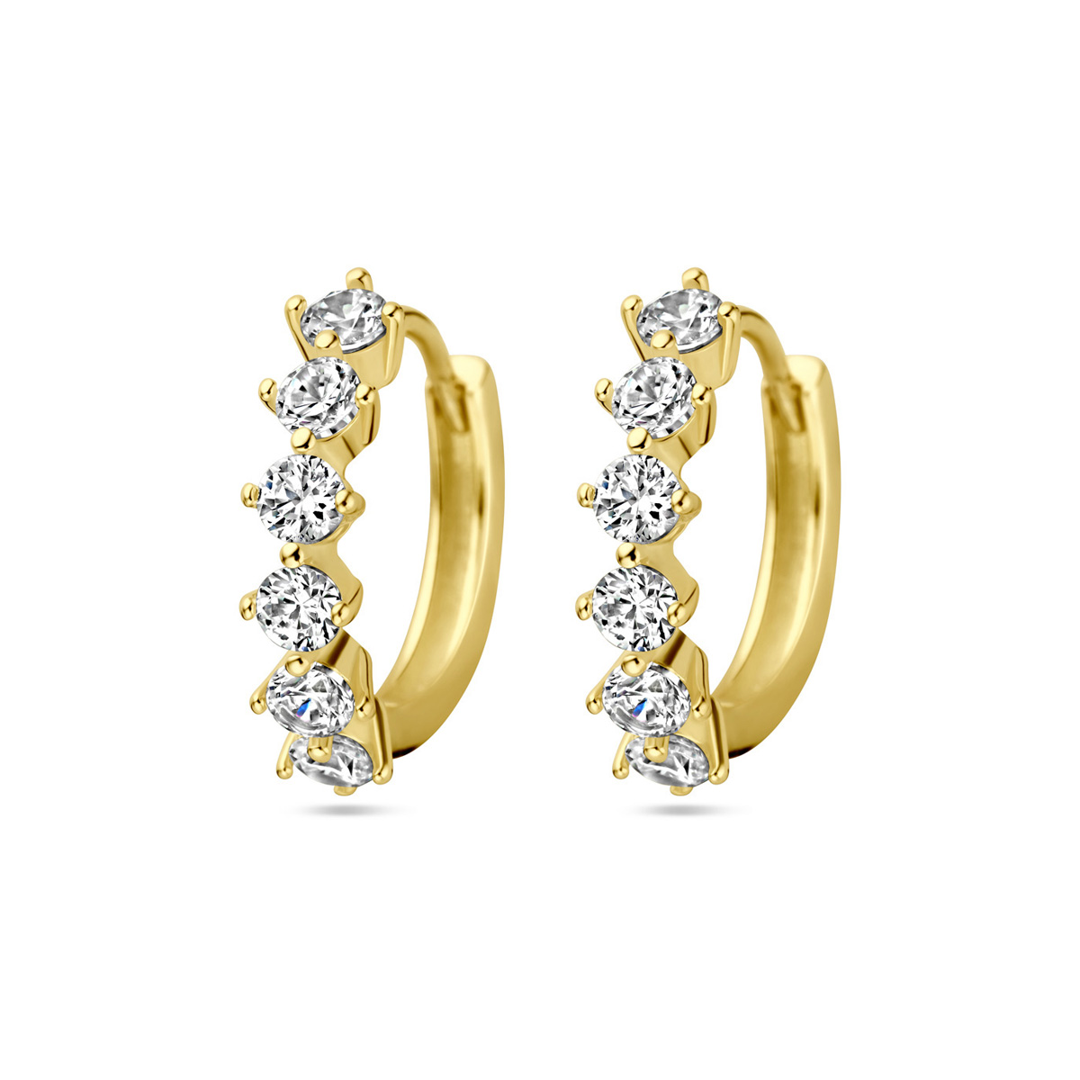 Geelgoud op 925 zilveren klapoorringen uitgevoerd met zirkonia. De klapoorringen hebben een afmeting van 14x3.2mm.