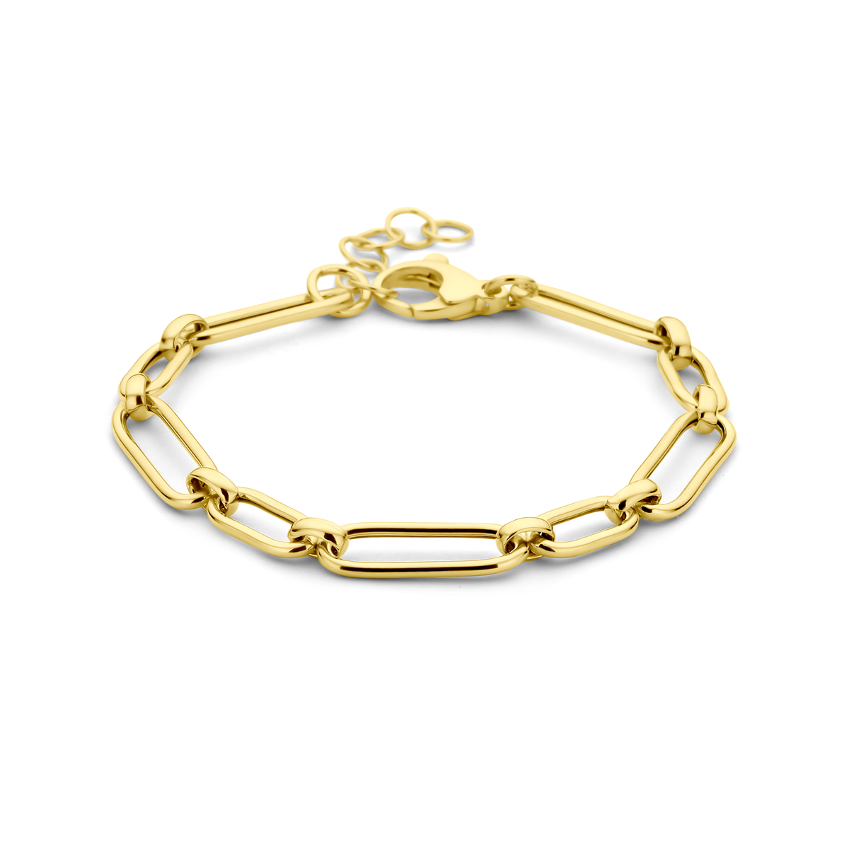Geelgoud op 925 zilveren armband met een schakelbreedte van 6mm. De armband heeft een draaglengte van 17cm met 2cm extensie. Uitgevoerd met karabijnsluiting. 3 micron. Geen garantie op de plating. 