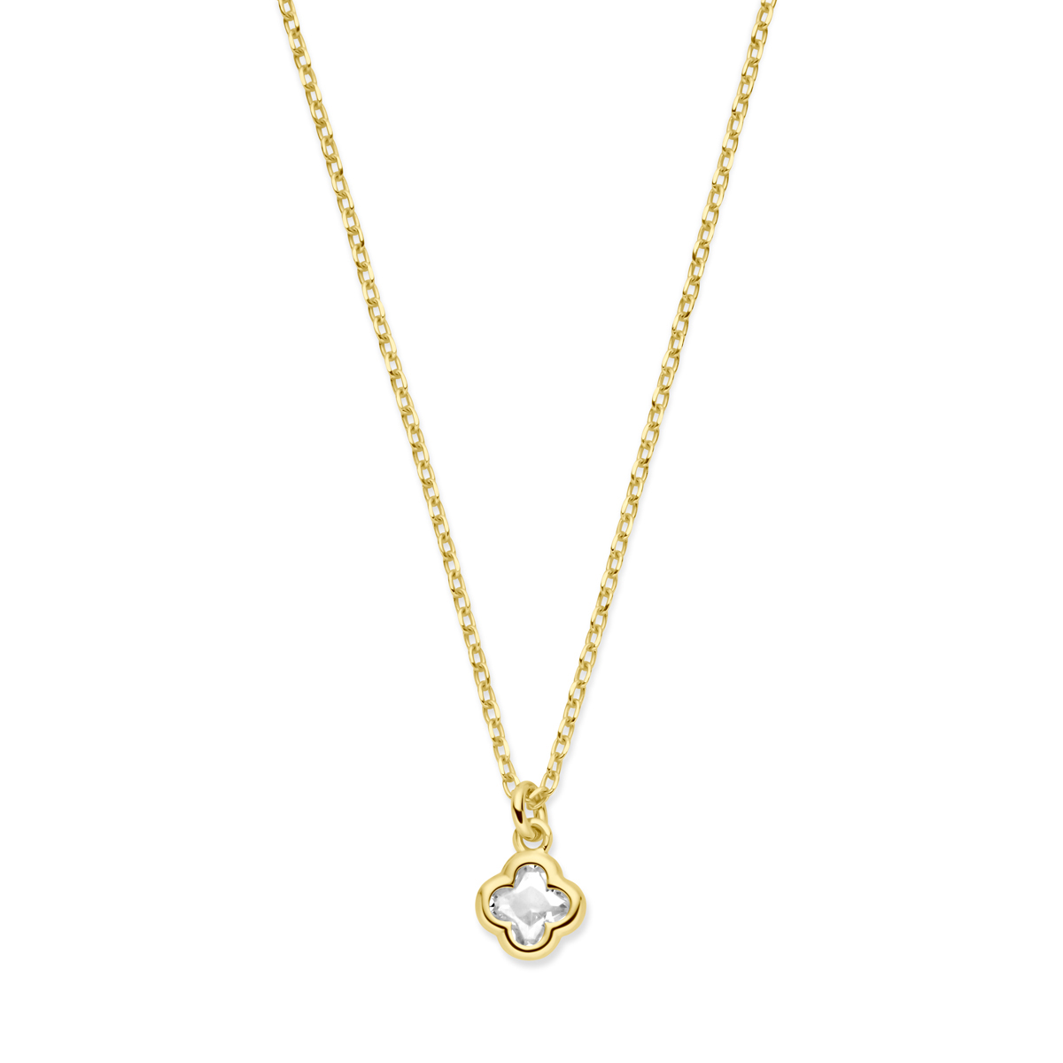 Geelgoud op 925 zilveren collier uitgevoerd met bloem zirkonia. Het collier heeft een draaglengte van 41cm met 4cm extensie en is uitgevoerd met karabijn sluiting. De schakelbreedte is 1.1mm. Geen garantie op de plating.