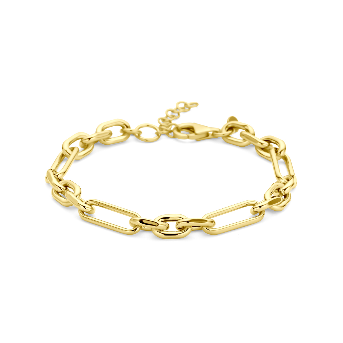 Geelgoud op 925 zilveren anker armband. De armband heeft een draaglengte van 18Cm en een extensie van 3cm. De schakelbreedte is 6.5mm. Uitgevoerd met een karabijn sluiting.;Geen garantie op plating.