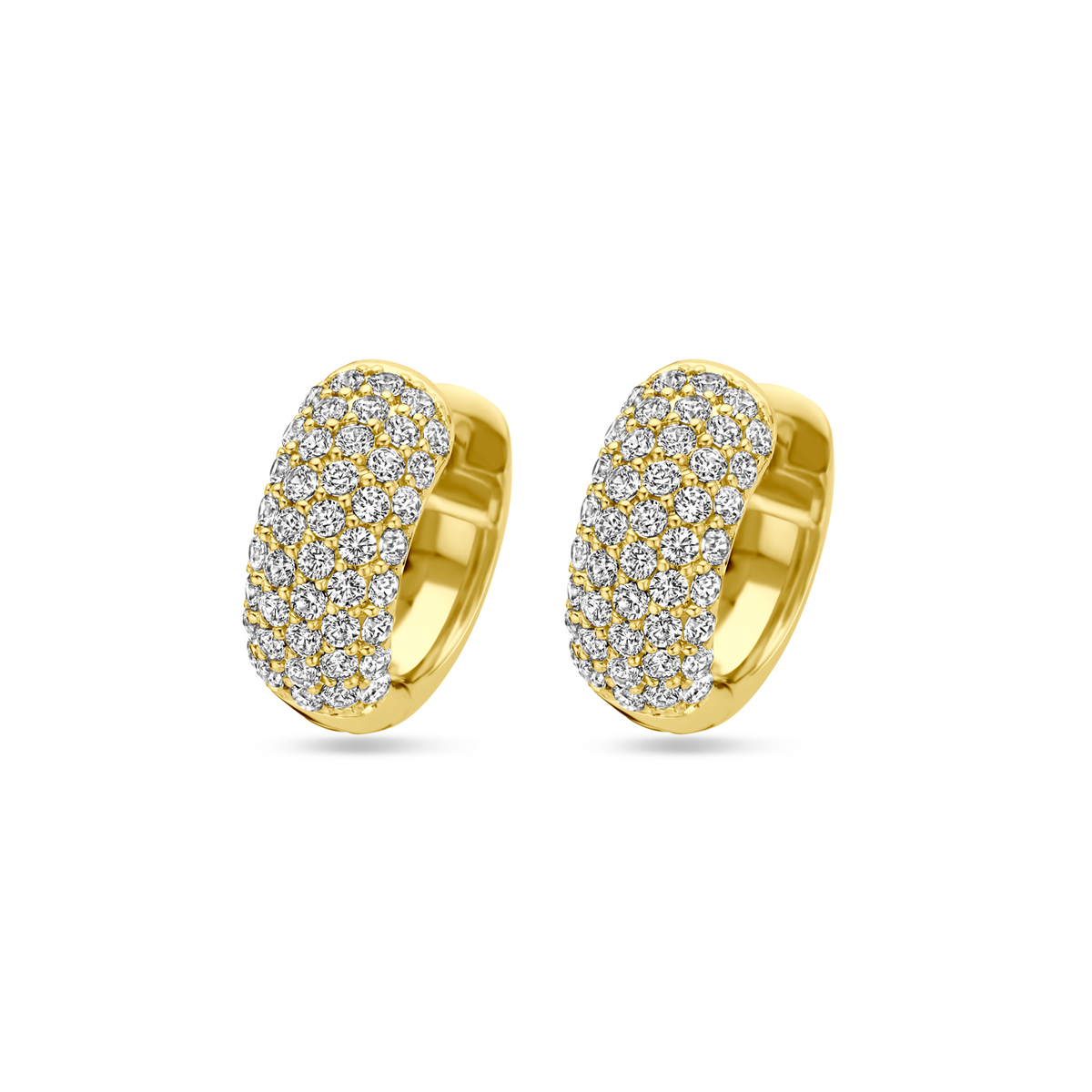 Geelgoud op 925 zilveren klapoorringen uitgevoerd met zirkonia. De klapoorringen hebben een afmeting van 15.5x6.5mm. Geen garantie op de plating.