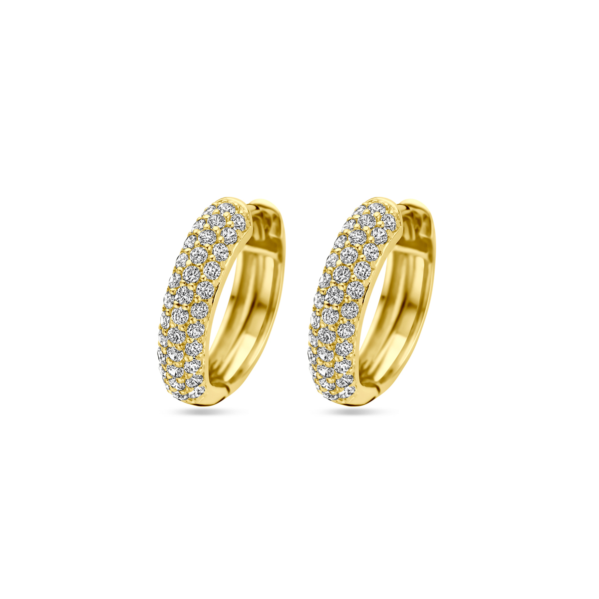 Geelgoud op 925 zilveren klapoorringen uitgevoerd met zirkonia. De klapoorringen hebben een afmeting van 15.5x4mm. Geen garantie op de plating.