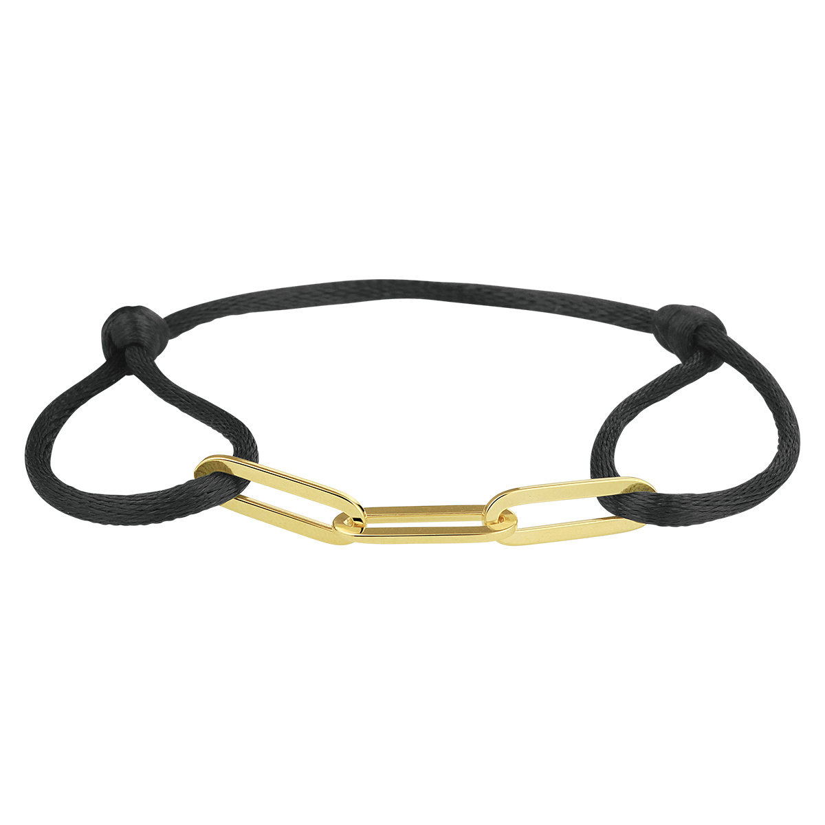 Zwart gevlochten armband uitgevoerd met een geelgoud op 925 zilveren element. De armband heeft draaglengtes van 13 tot 26cm. Het element heeft een afmeting van 40x5mm.