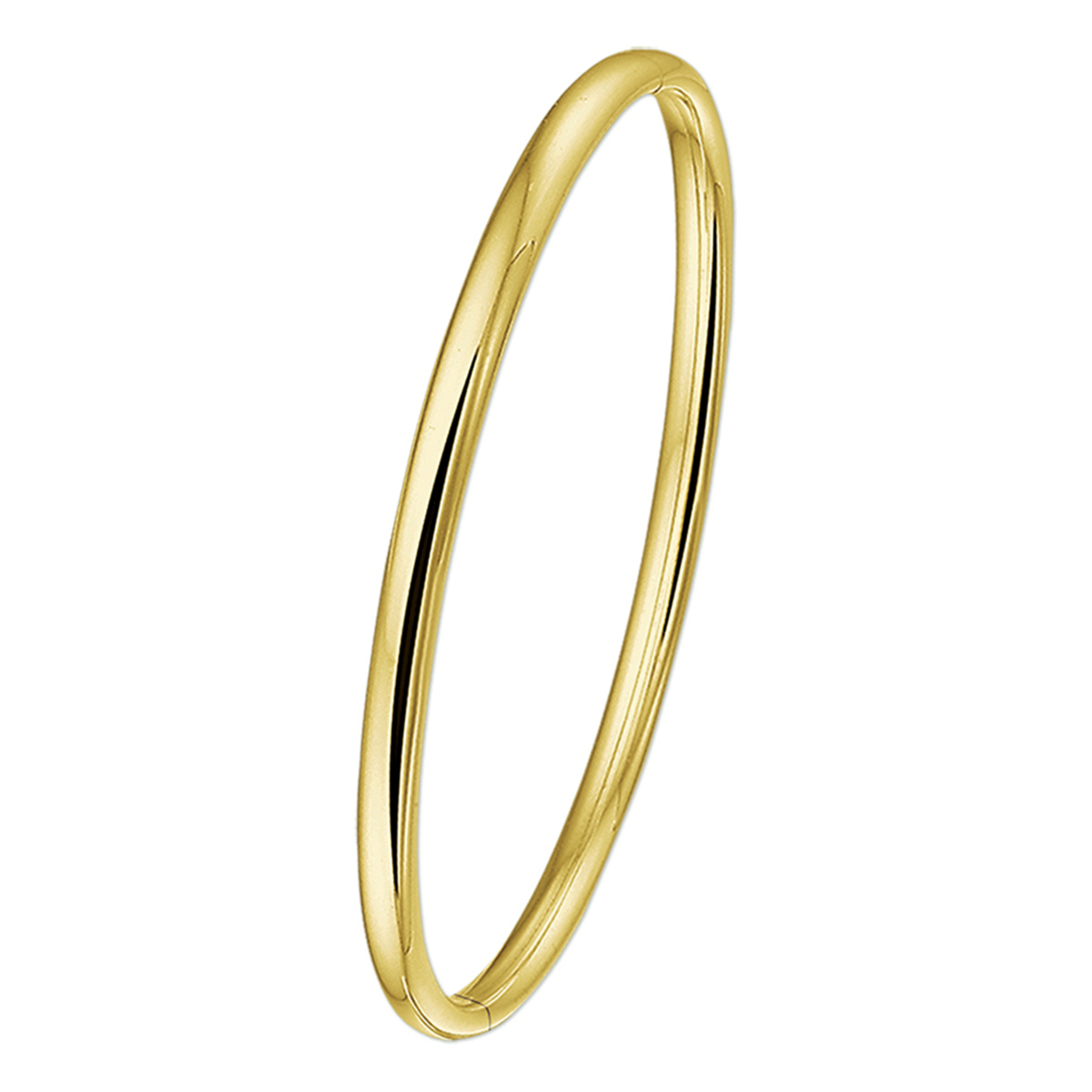 Geelgouden Bangle armband met een halfronde buis en een dop-sluiting. 
Uniekenummer serie: 29958
Doelgroep: dames
Breedte: 4 mm