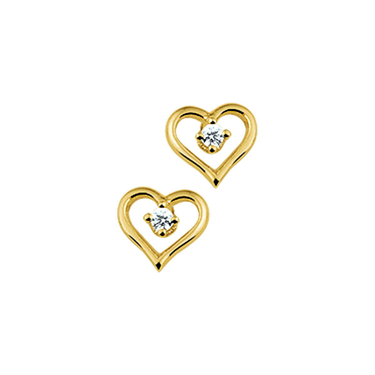 Geelgouden oorknoppen in de vorm van een hartje en uitgevoerd met een schitterende zirkonia. De oorknoppen hebben een afmeting van 5.5x6mm.