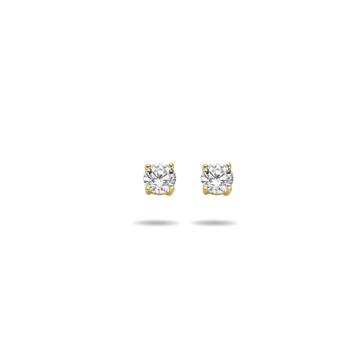 Geelgouden oorknoppen met zirkonia. 
Zetting: solitaire (chatonzetting)