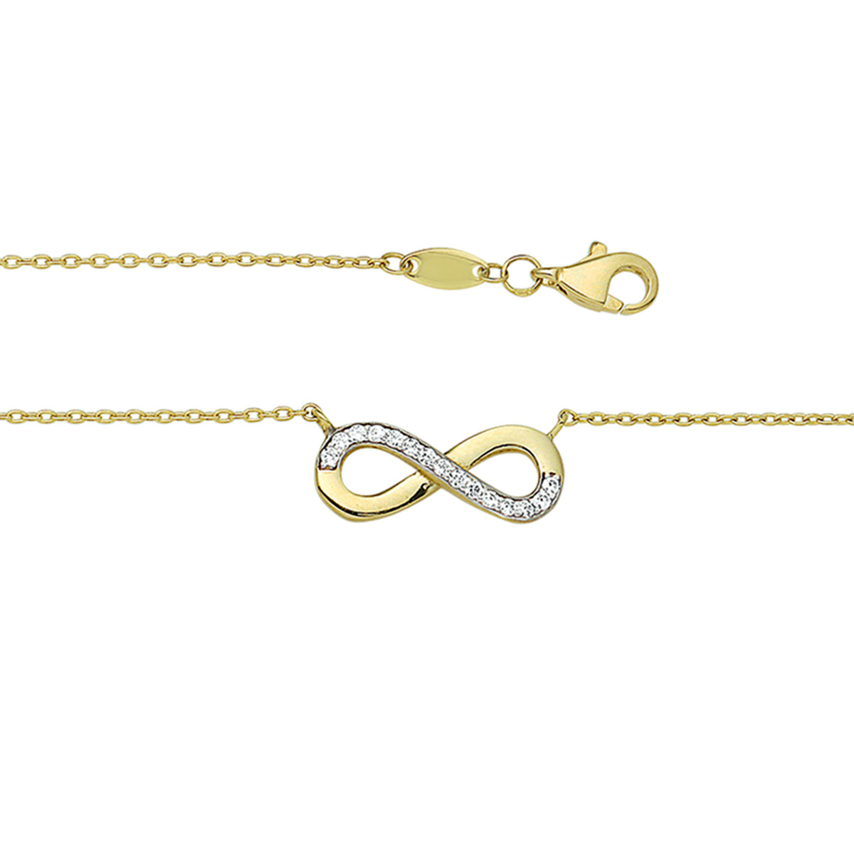 Beschrijving: Infinity is het symbool van nu. Dit fijne collier kan daarom echt niet ontbreken in jouw sieraden-stash! Details: Geelgouden collier met een infinity teken van zirkonia. De lengte van het collier bedraagt 42cm met 3cm extensie. De schakelbreedte bedraagt 1.7mm. Het collier is onderdeel van een set.
Kortste lengte: 41 cm
Langste lengte: 45 cm
Hoogte: 19 mm