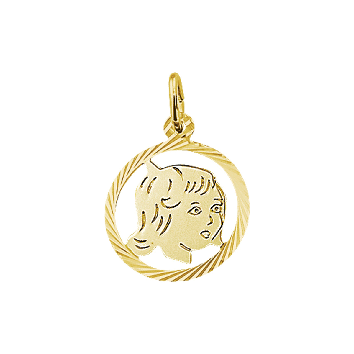 14k gouden hanger in vorm van een kinderhoofdje meisje met een gefaceteerde rand